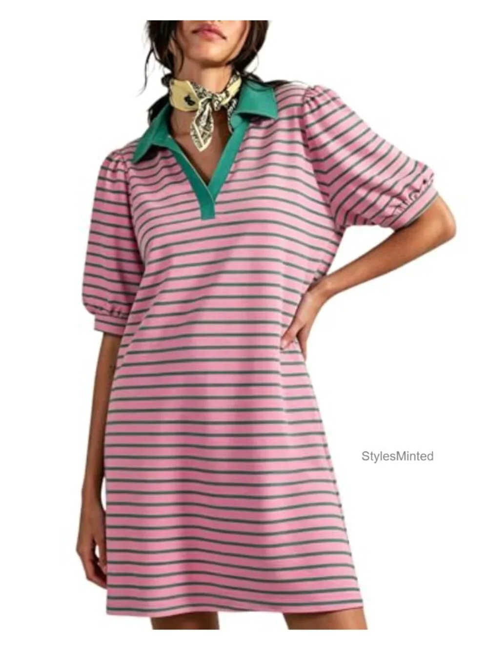 Striped A-Line Mini Dress with Pockets V-Neck Puffy Short Sleeve Summer Casual